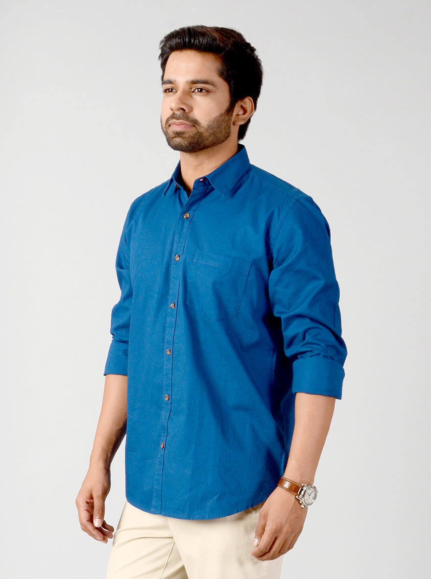 Petrol Blue Solid Slim Fit Casual Shirt | JB Sport
