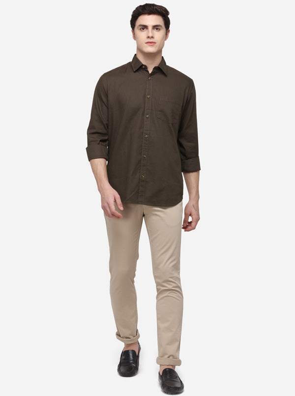 Dark Olive Tailored Fit Solid Casual Shirt | JB Sport