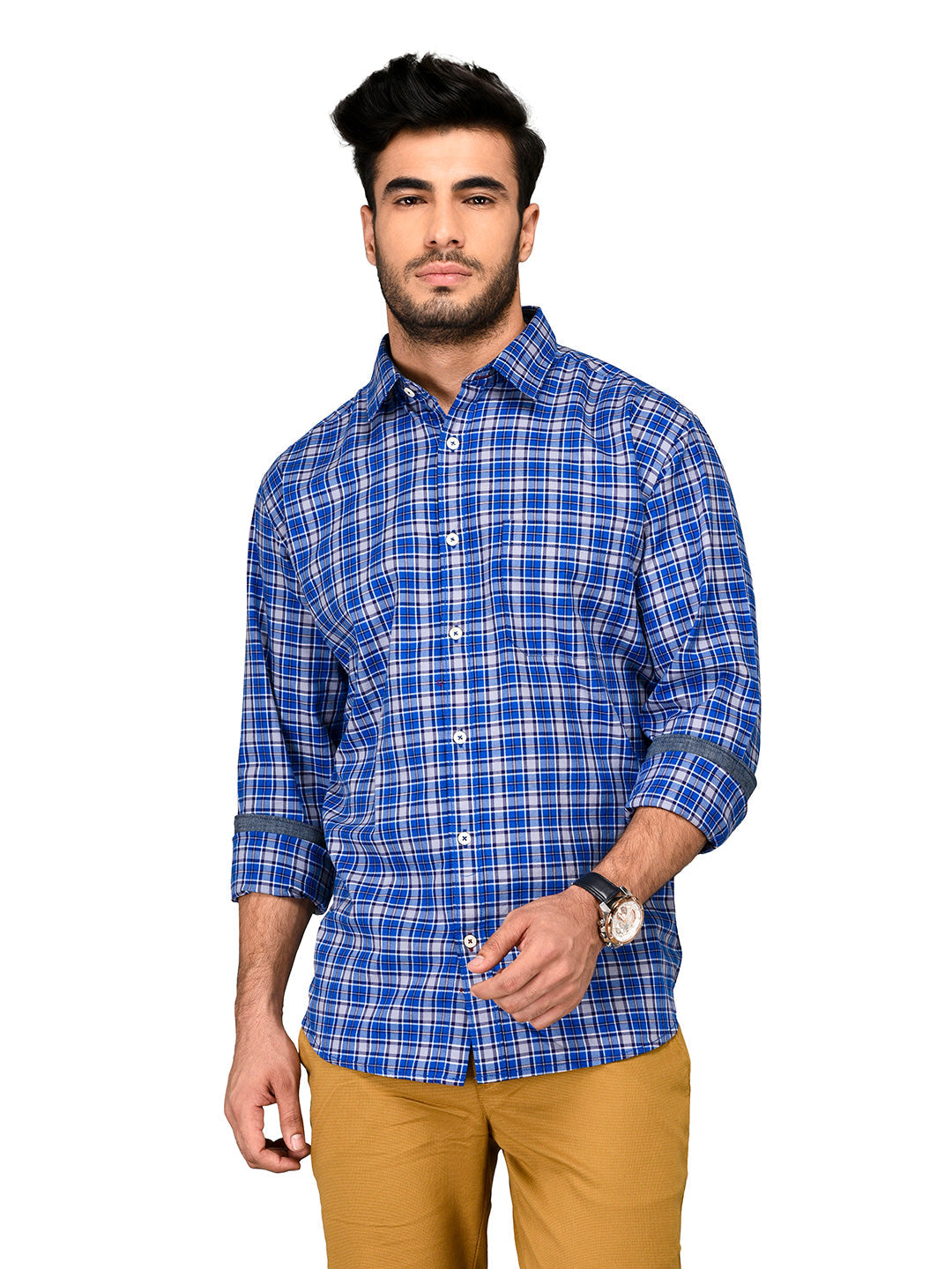 Greenfibre Royal Blue Checked Regular Fit Casual Shirt