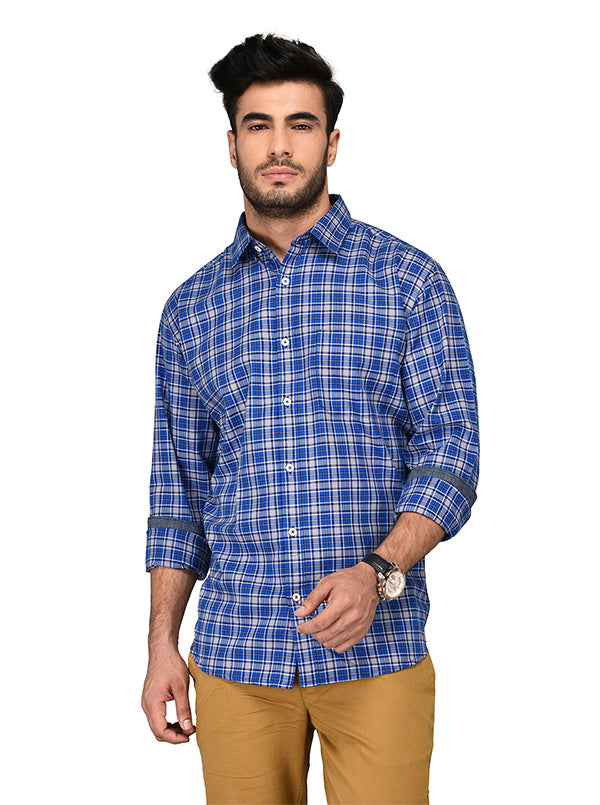 Greenfibre Royal Blue Checked Regular Fit Casual Shirt