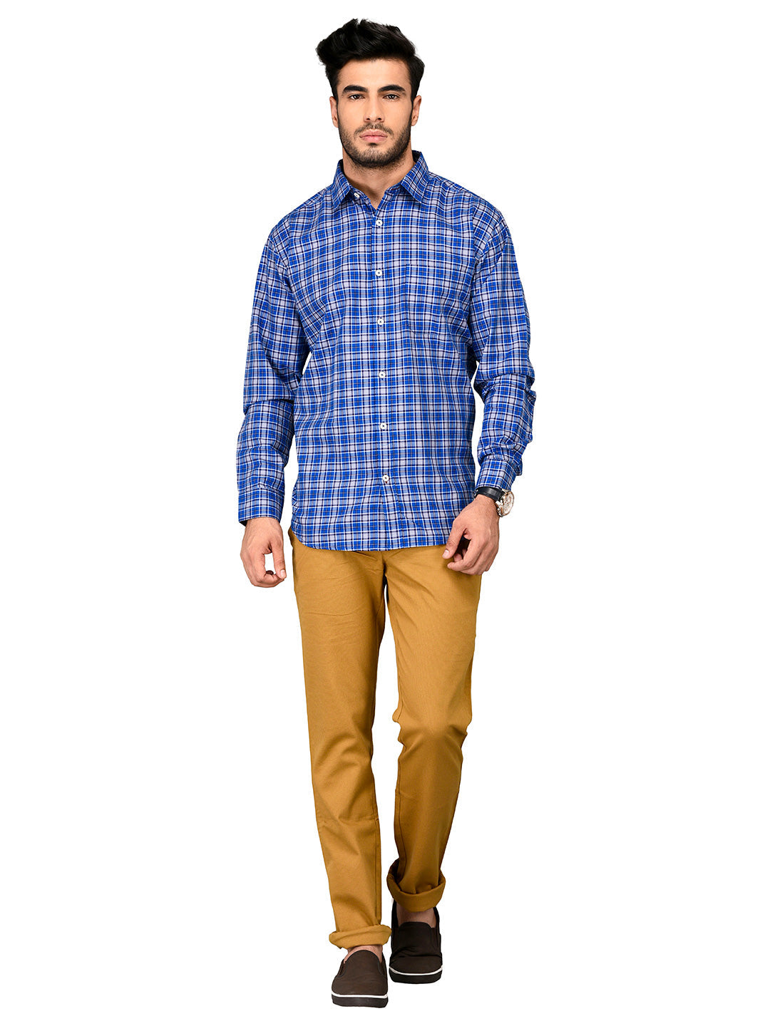 Greenfibre Royal Blue Checked Regular Fit Casual Shirt