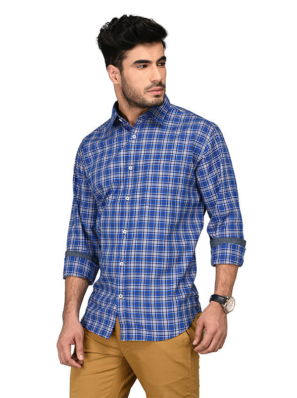 Greenfibre Royal Blue Checked Regular Fit Casual Shirt