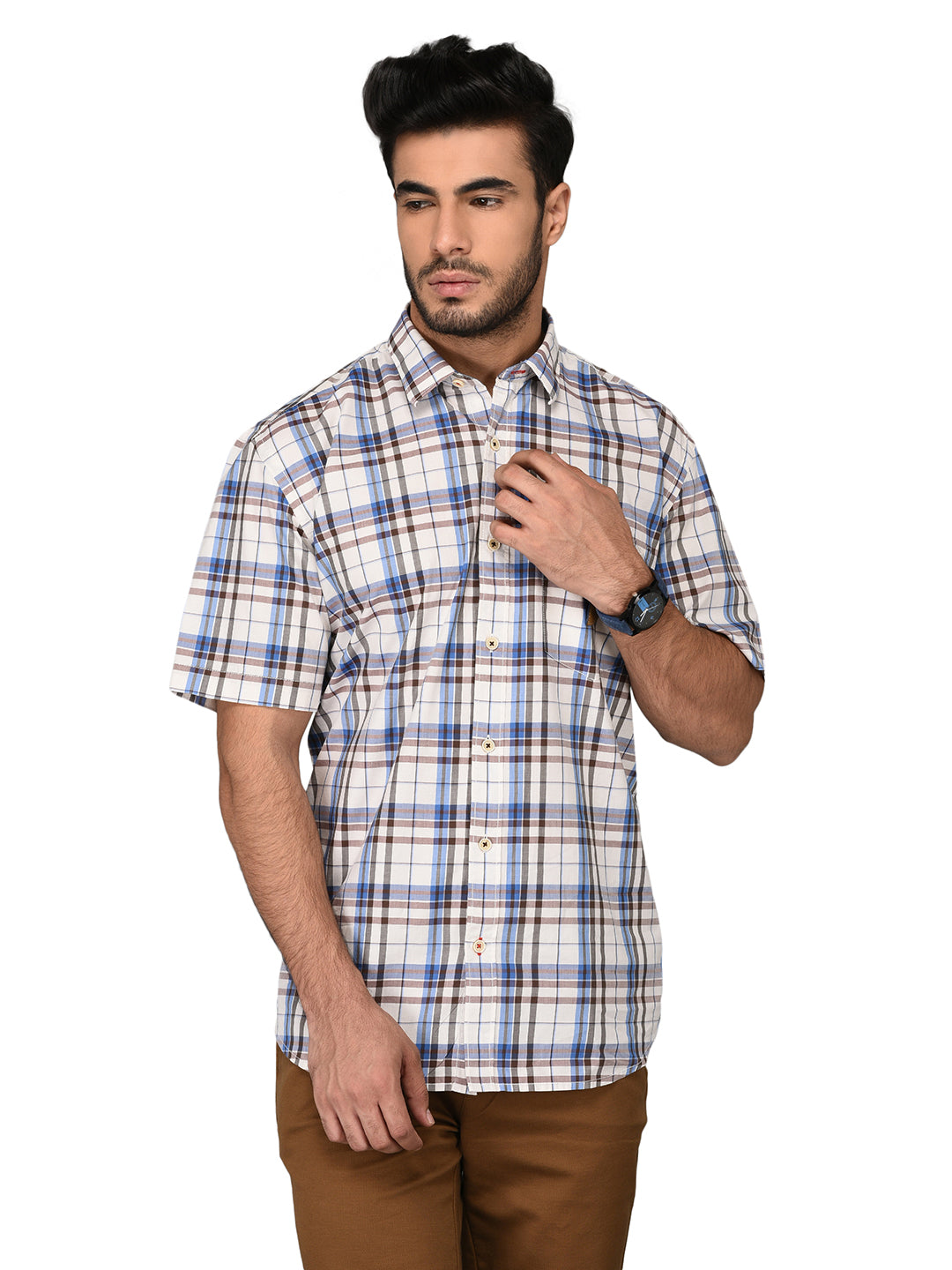 Coffee Brown & Blue Checked Slim Fit Casual Shirt | JB Sport