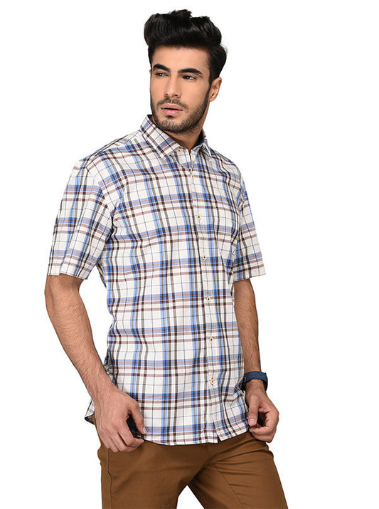 Coffee Brown & Blue Checked Slim Fit Casual Shirt | JB Sport