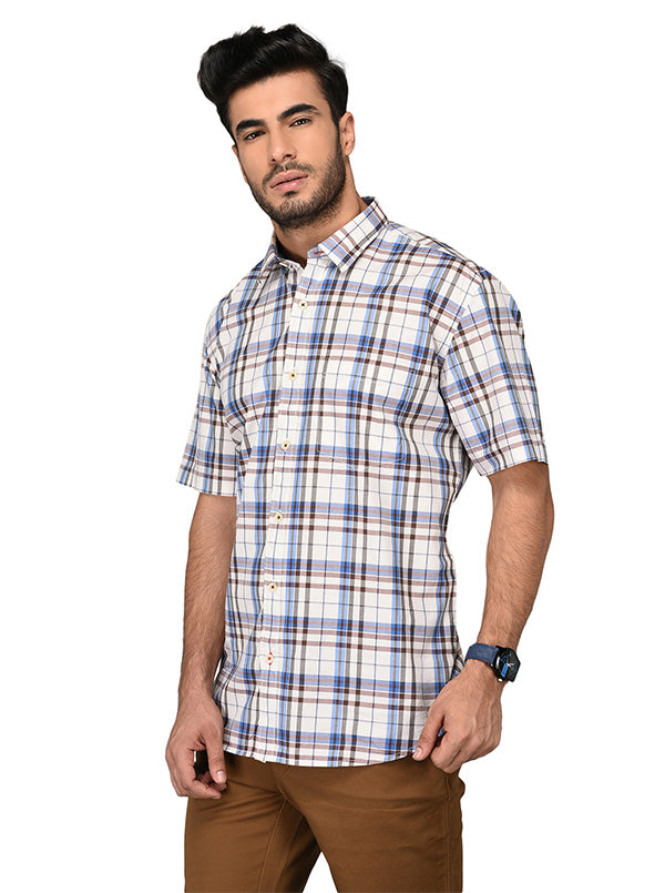 Coffee Brown & Blue Checked Slim Fit Casual Shirt | JB Sport