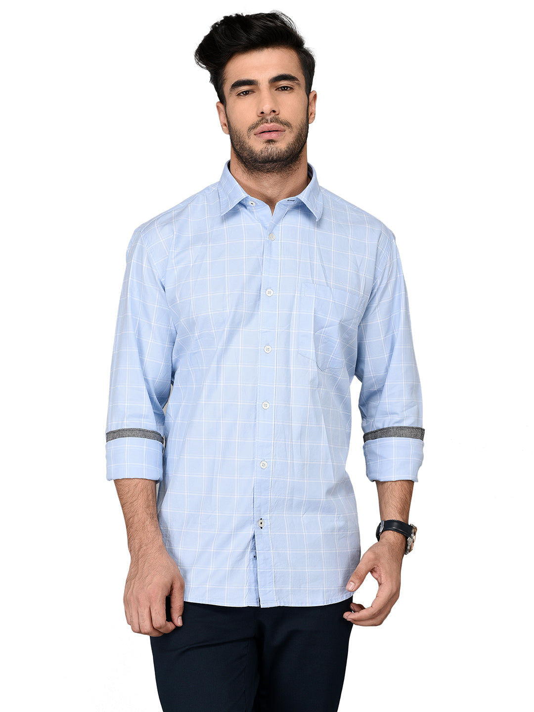 Sky Blue Checked Slim Fit Casual Shirt | JB Sport