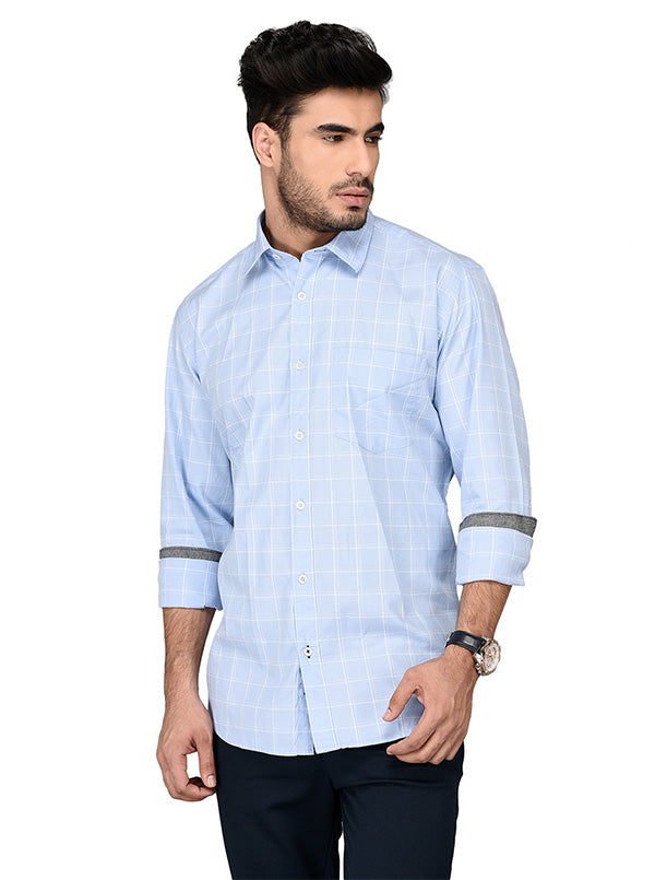 Sky Blue Checked Slim Fit Casual Shirt | JB Sport