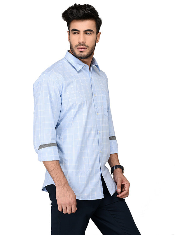 Sky Blue Checked Slim Fit Casual Shirt | JB Sport