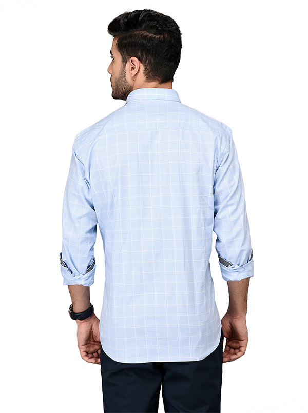 Sky Blue Checked Slim Fit Casual Shirt | JB Sport