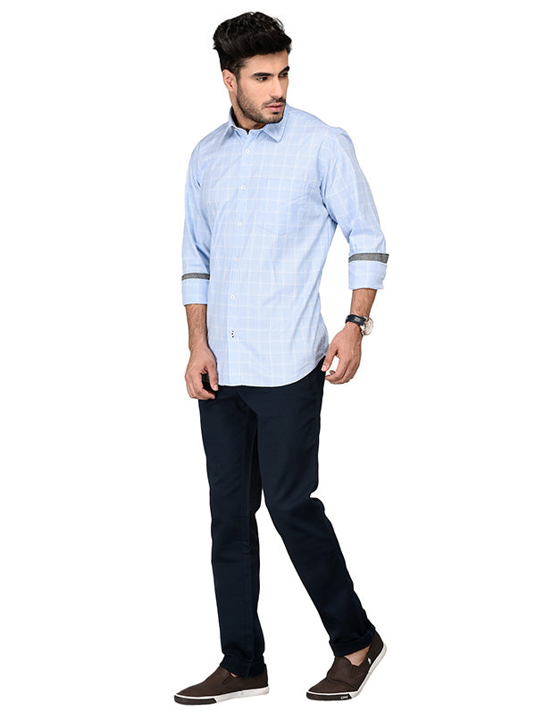 Sky Blue Checked Slim Fit Casual Shirt | JB Sport