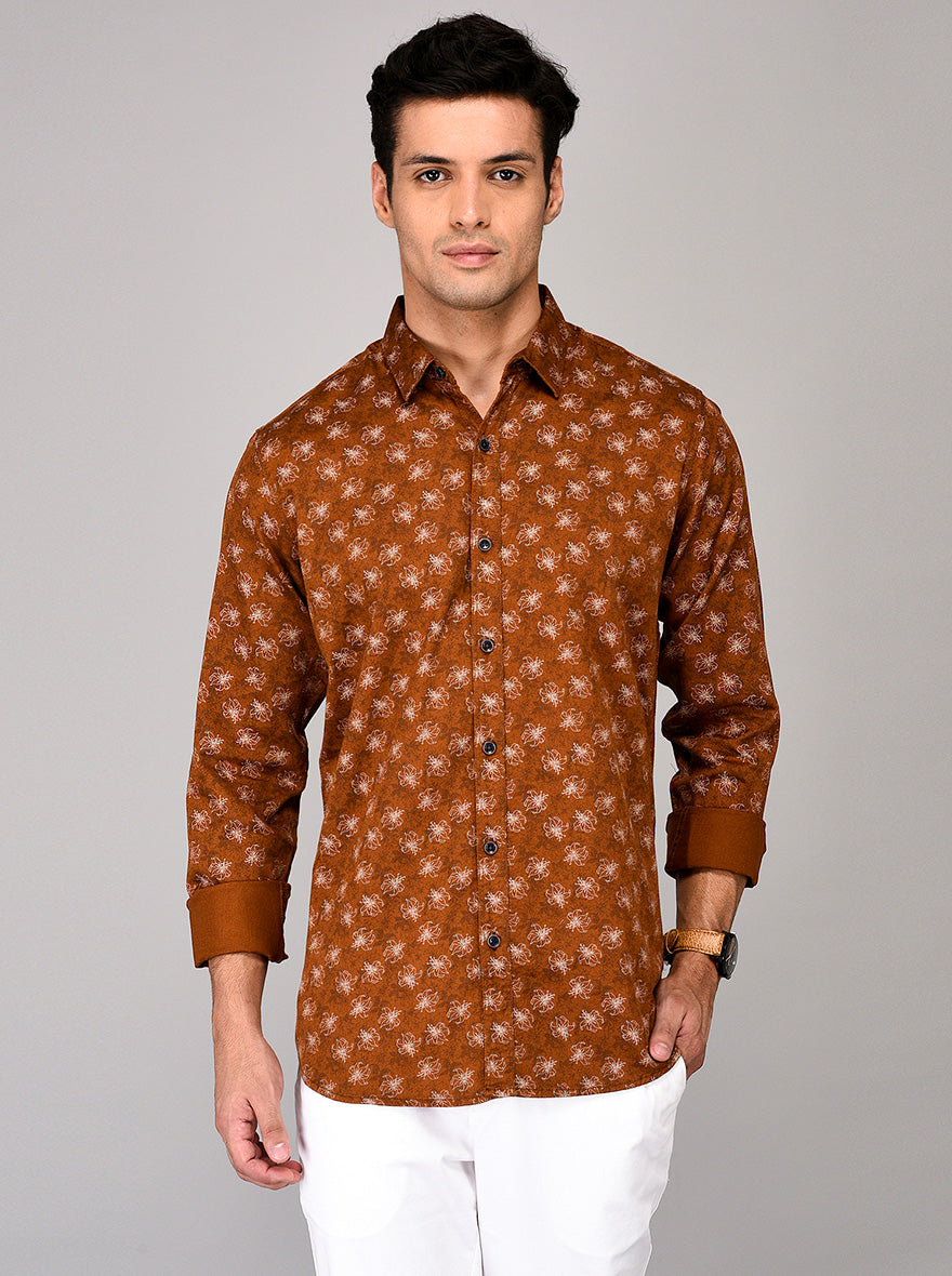 JB Sport Brown Printed Slim Fit Casual Shirt