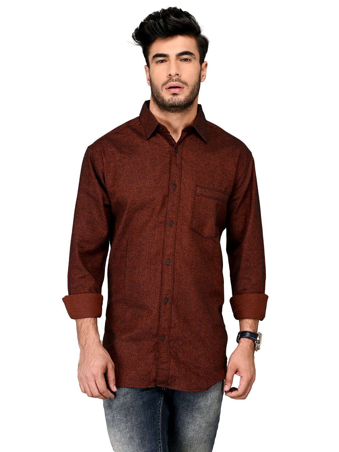 Greenfibre Rust Self Textured Slim Fit Casual Shirt