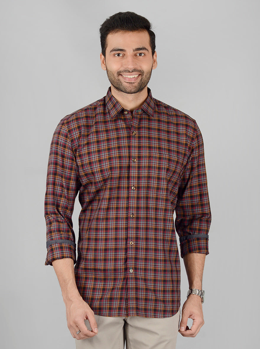 Maroon Checked Slim Fit Casual Shirt | JB Sport