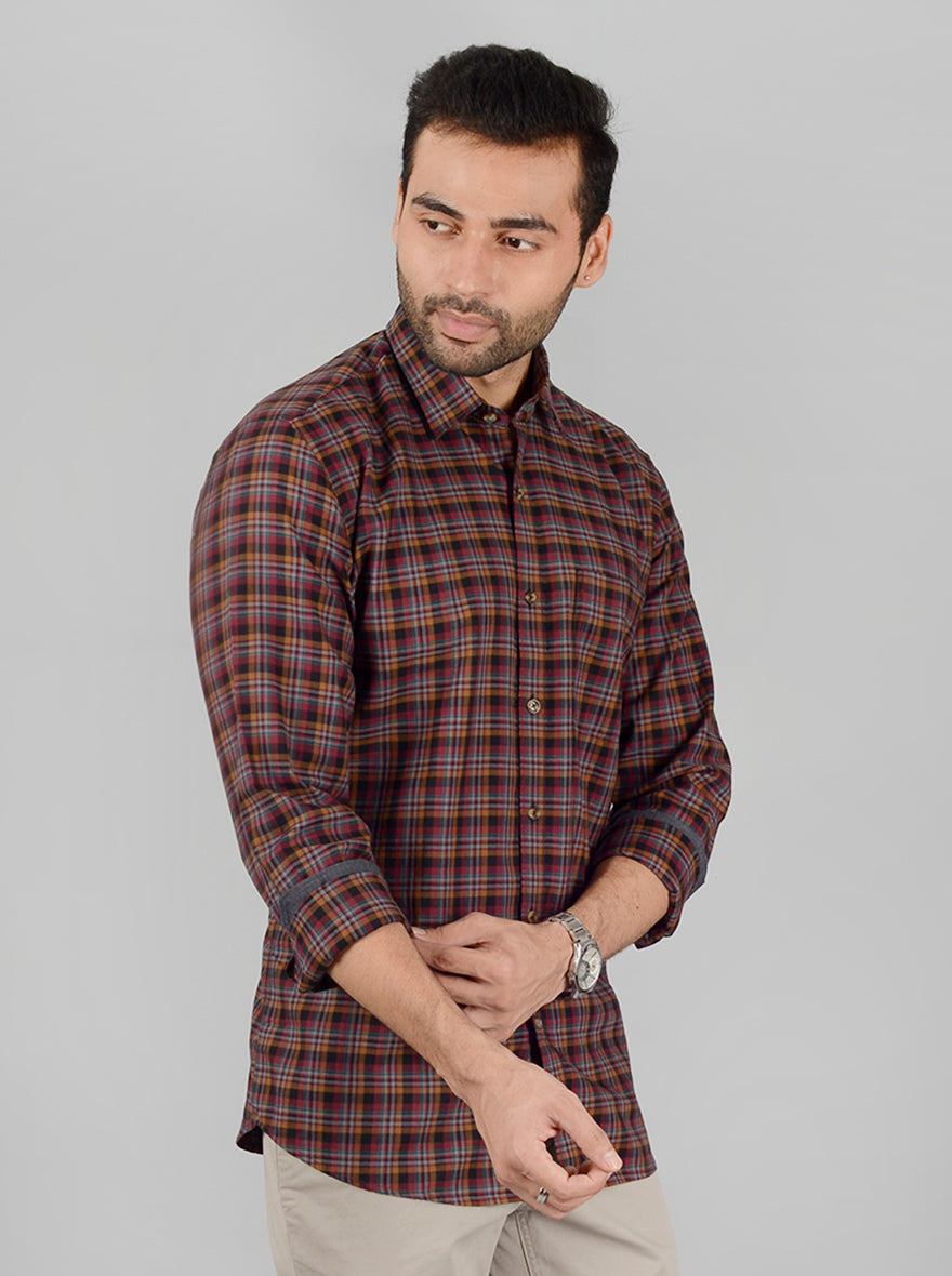 Maroon Checked Slim Fit Casual Shirt | JB Sport