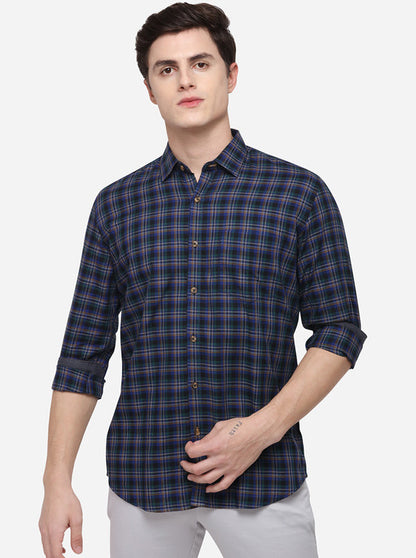 Dark Blue Checked Tailored Fit Casual Shirt | JB Sport