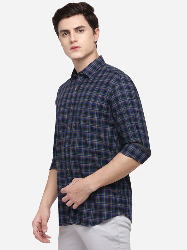 Dark Blue Checked Tailored Fit Casual Shirt | JB Sport