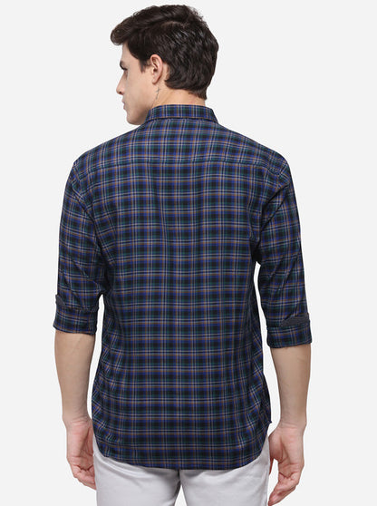 Dark Blue Checked Tailored Fit Casual Shirt | JB Sport