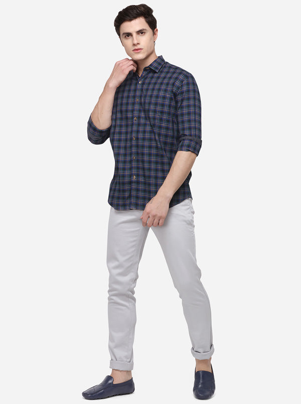 Dark Blue Checked Tailored Fit Casual Shirt | JB Sport
