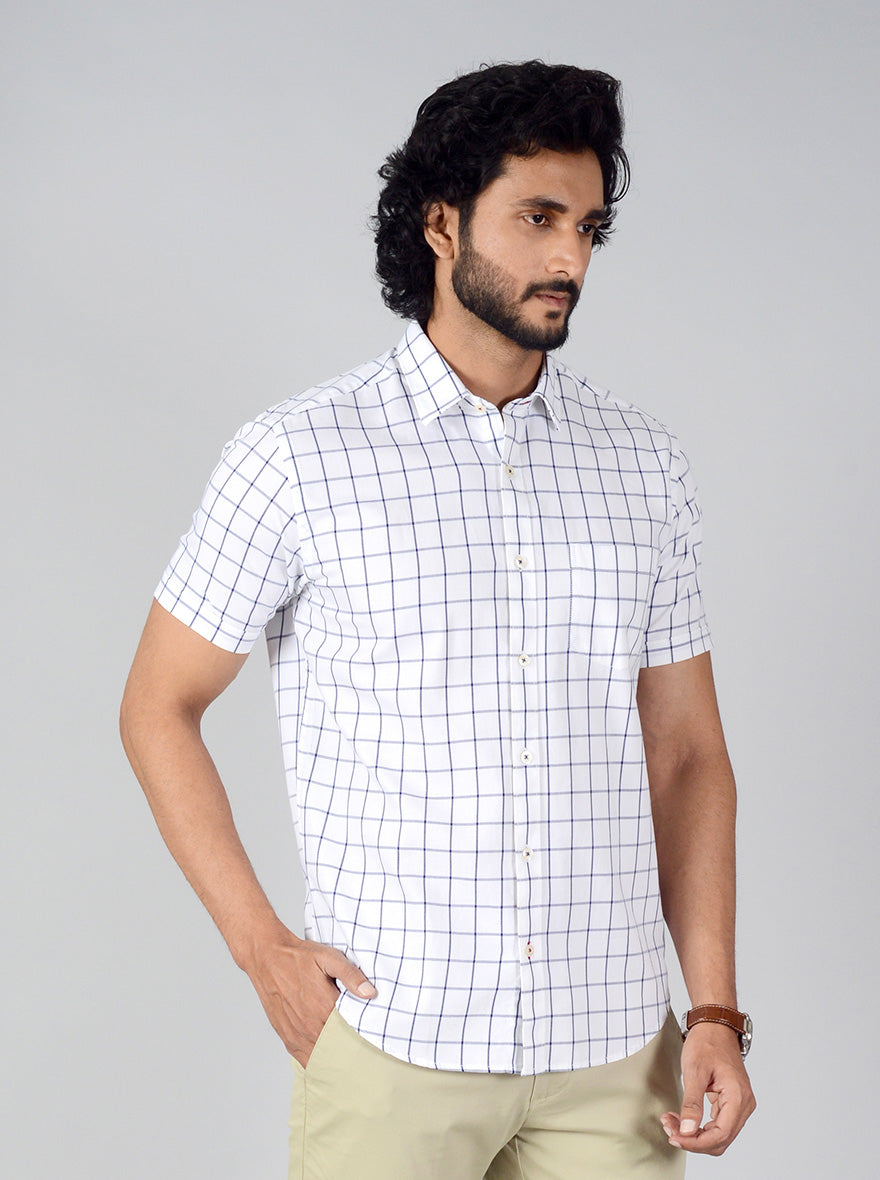 White & Blue Checked Classic Fit Casual Shirt | Greenfibre