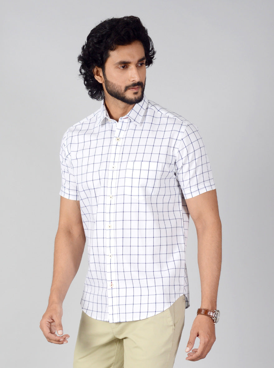 White & Blue Checked Classic Fit Casual Shirt | Greenfibre