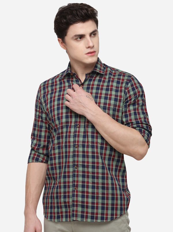 Blue & Green Tailored Fit Checked Casual Shirt | JB Sport