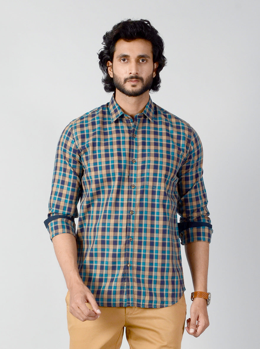 Blue & Mustard Checked Slim Fit Casual Shirt | JB Sport