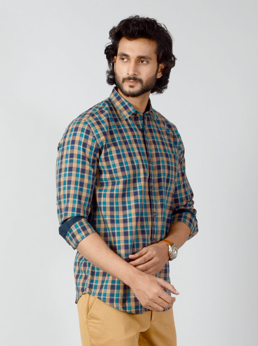 Blue & Mustard Checked Slim Fit Casual Shirt | JB Sport