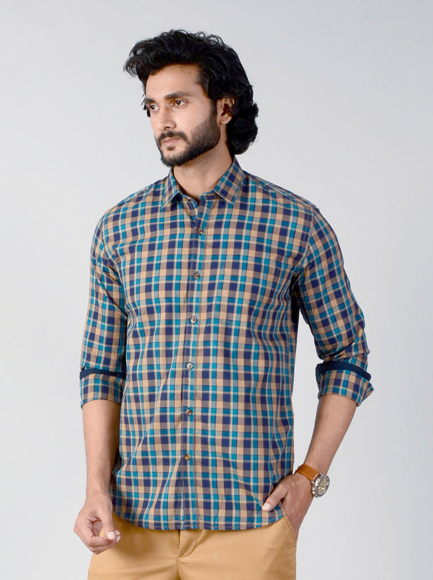 Blue & Mustard Checked Slim Fit Casual Shirt | JB Sport