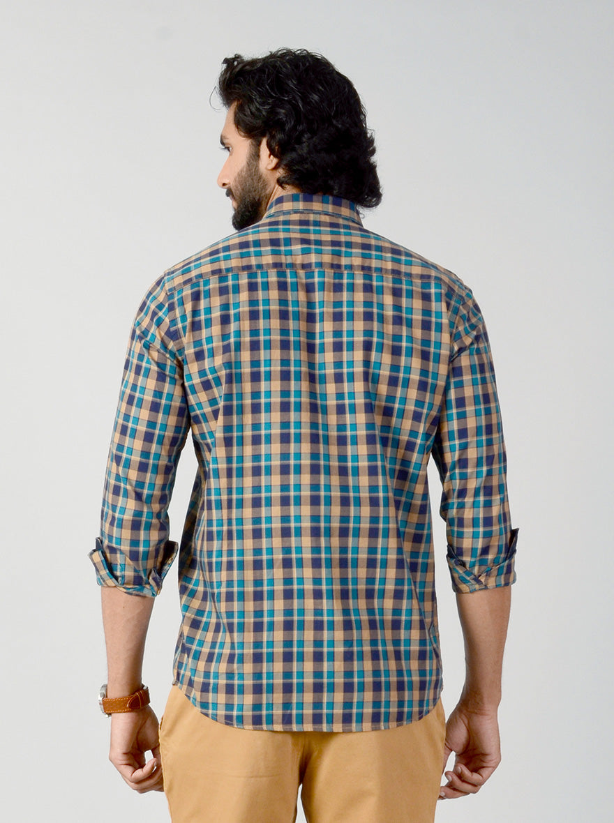 Blue & Mustard Checked Slim Fit Casual Shirt | JB Sport