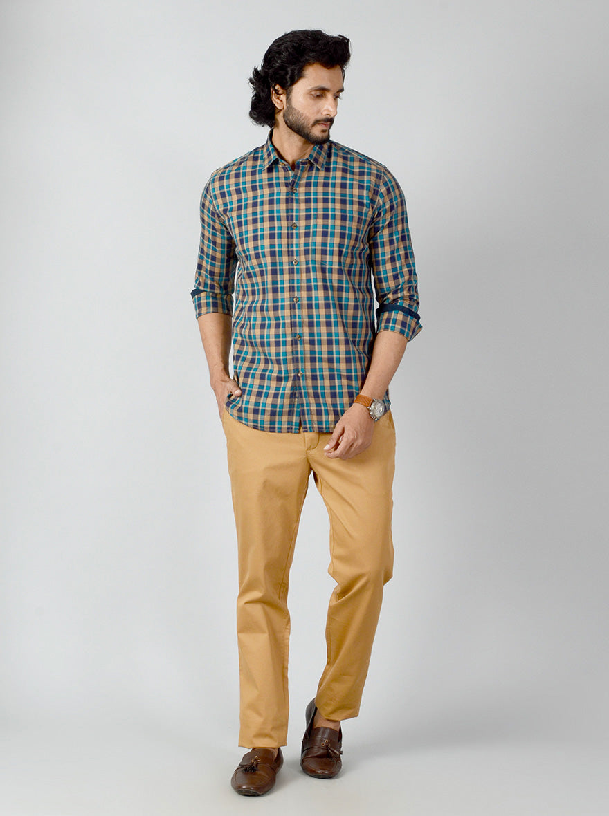 Blue & Mustard Checked Slim Fit Casual Shirt | JB Sport