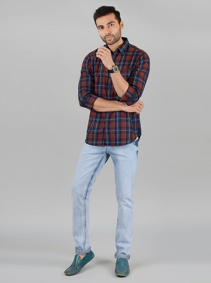 Brown Checked Slim Fit Casual Shirt | Greenfibre