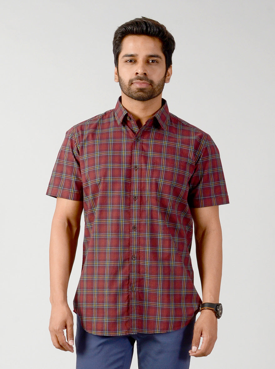 Burnt Brown Checked Slim Fit Casual Shirt | JB Sport