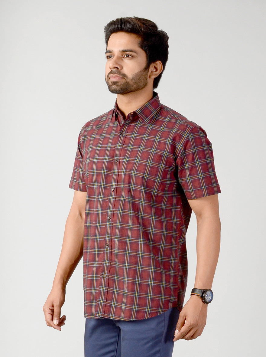 Burnt Brown Checked Slim Fit Casual Shirt | JB Sport