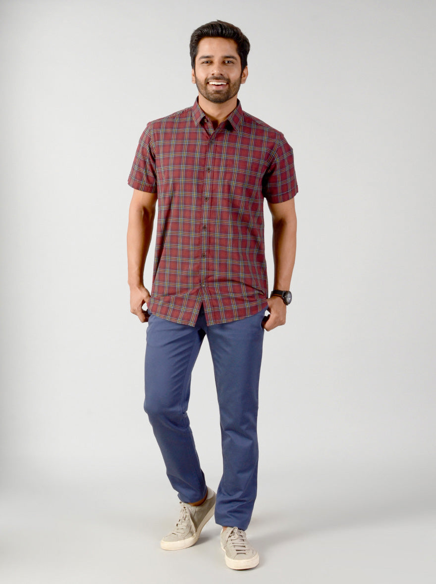 Burnt Brown Checked Slim Fit Casual Shirt | JB Sport