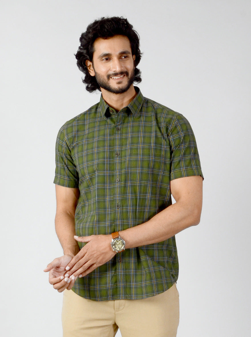 Dark Green Checked Slim Fit Casual Shirt | JB Sport