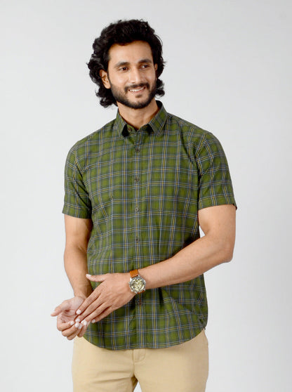 Dark Green Checked Slim Fit Casual Shirt | JB Sport