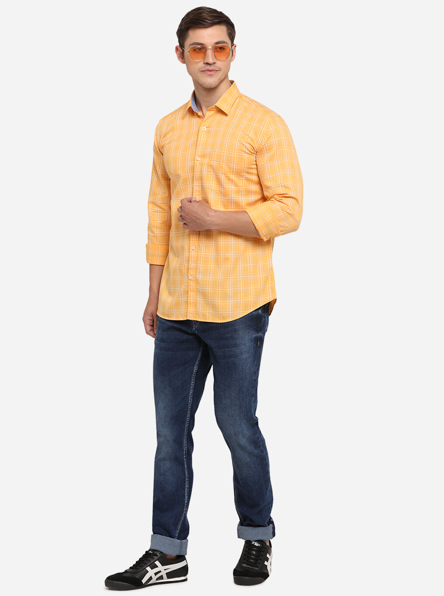 Pale Yellow Checked Slim Fit Semi Casual Shirt | JadeBlue