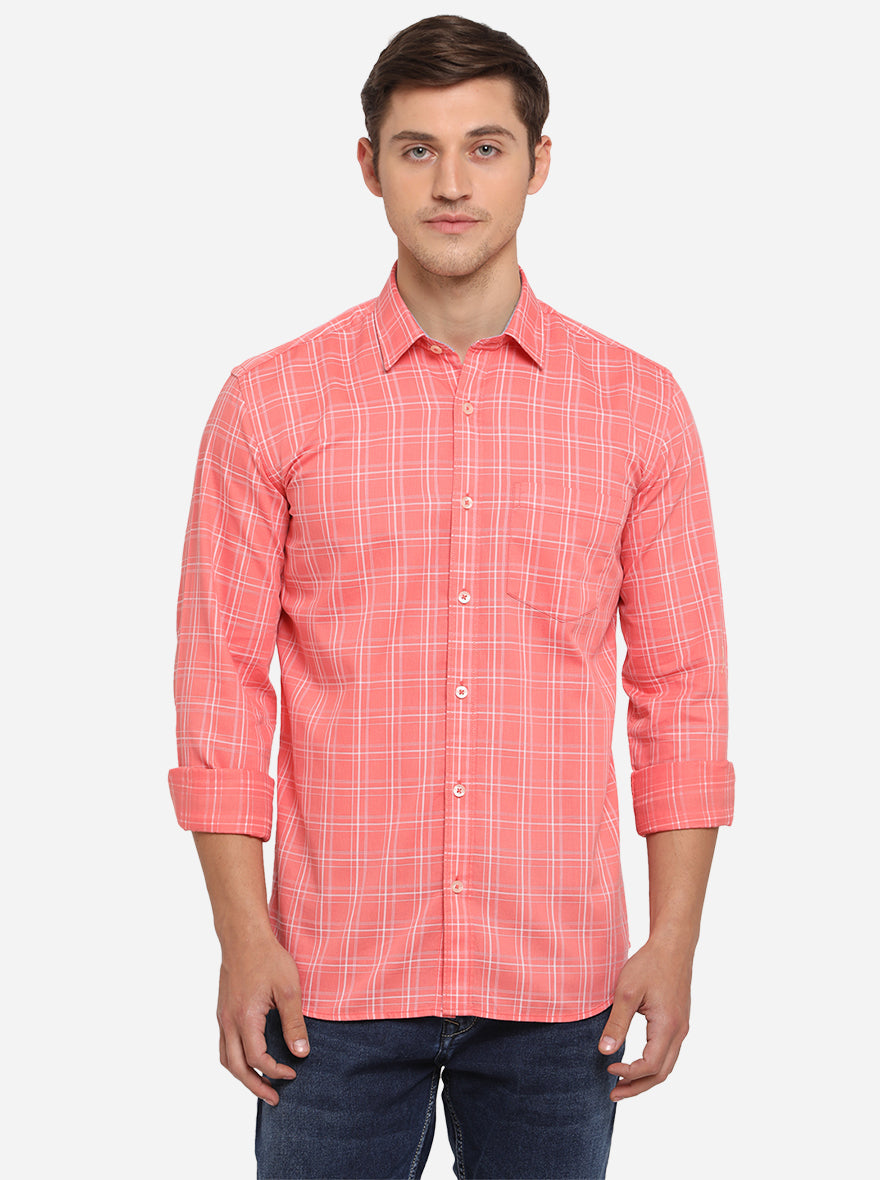 Georgia Peach Checked Slim Fit Semi Casual Shirt | JadeBlue