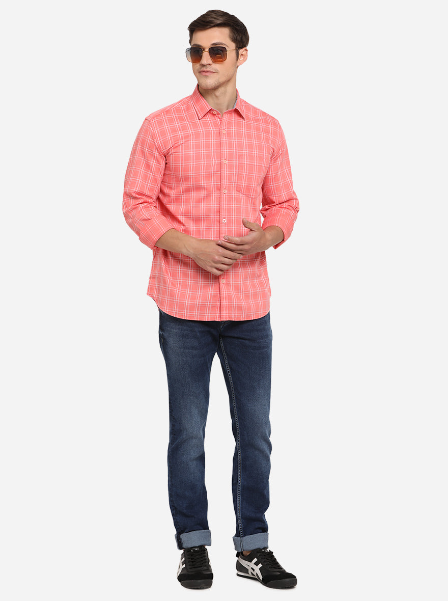 Georgia Peach Checked Slim Fit Semi Casual Shirt | JadeBlue