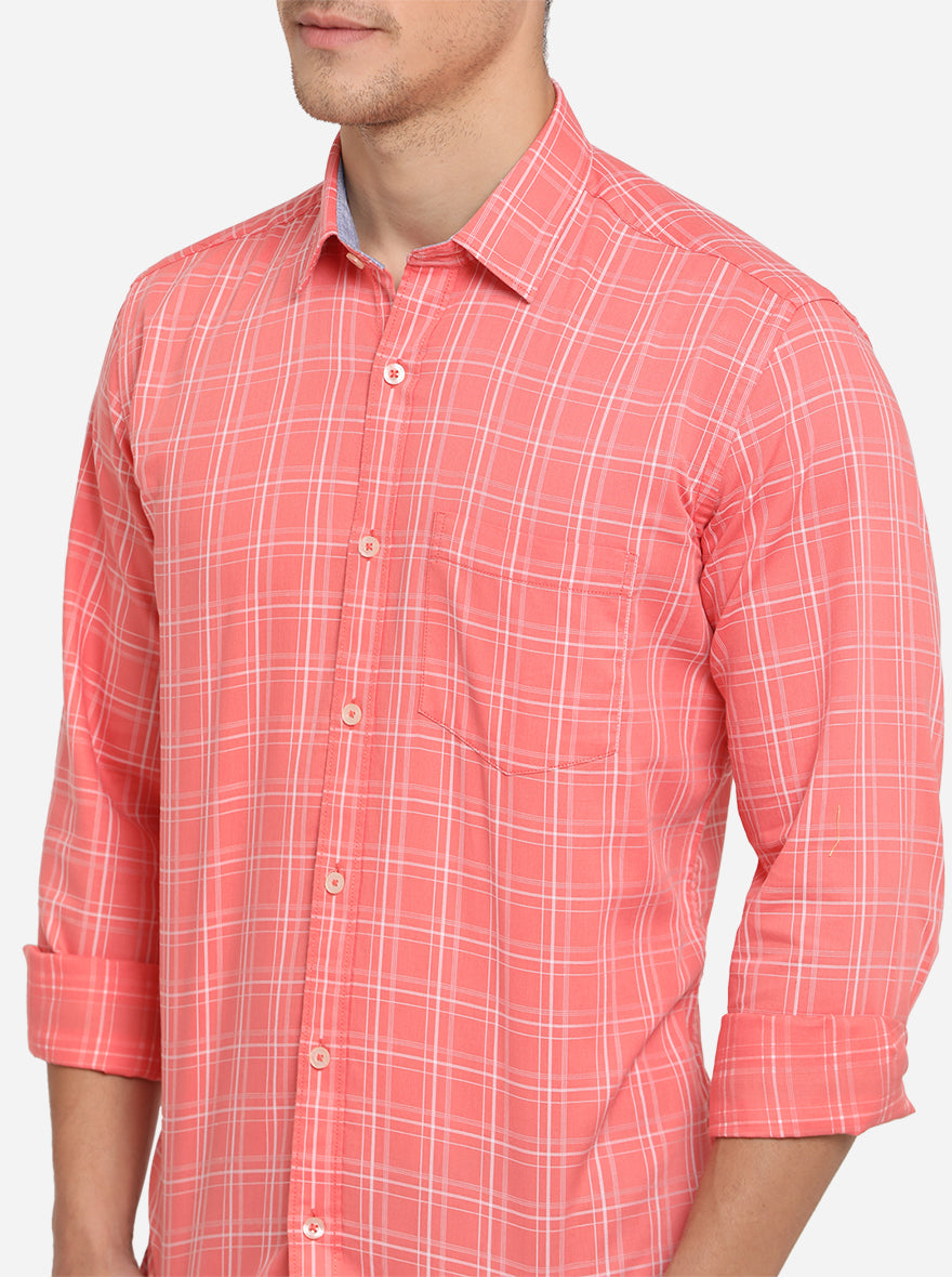 Georgia Peach Checked Slim Fit Semi Casual Shirt | JadeBlue