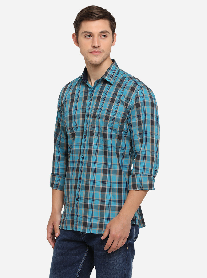 Enamel Blue Checked Slim Fit Semi Casual Shirt | JadeBlue