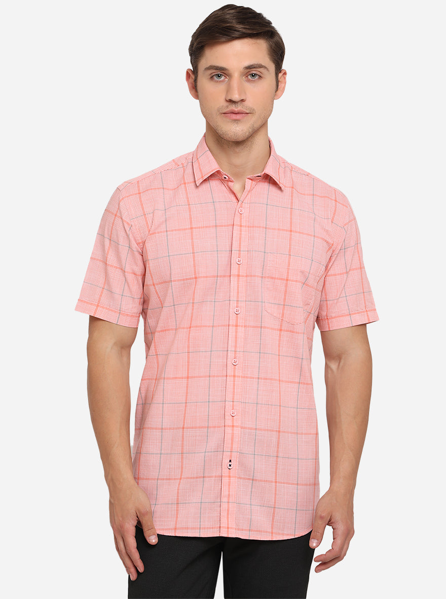 Light Peach Checked Slim Fit Semi Casual Shirt | JadeBlue