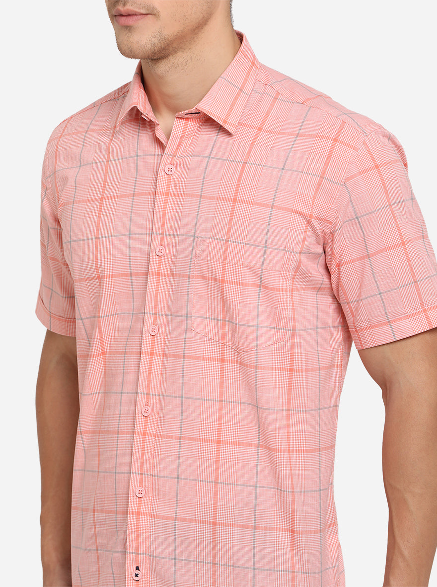 Light Peach Checked Slim Fit Semi Casual Shirt | JadeBlue