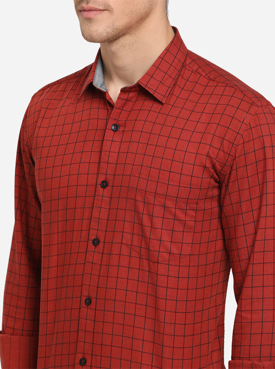 Red Checked Smart Fit Semi Casual Shirt | Greenfibre