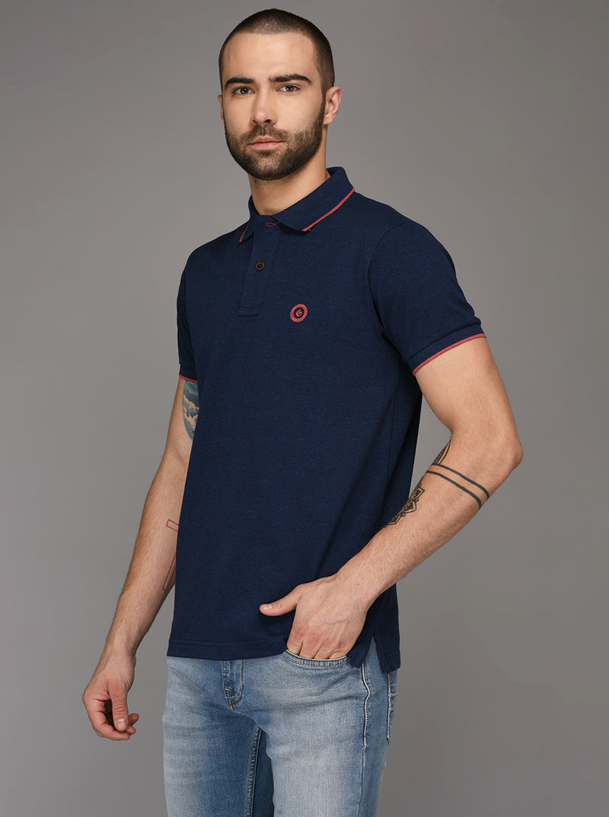Greenfibre Denim Blue Melange Slim Fit Polo T-Shirt