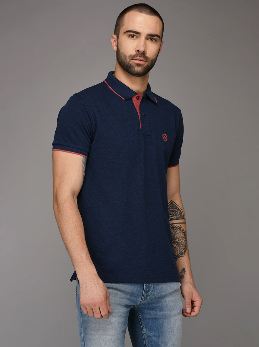 Greenfibre Denim Blue Melange Slim Fit Polo T-Shirt