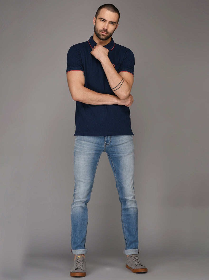 Greenfibre Denim Blue Melange Slim Fit Polo T-Shirt