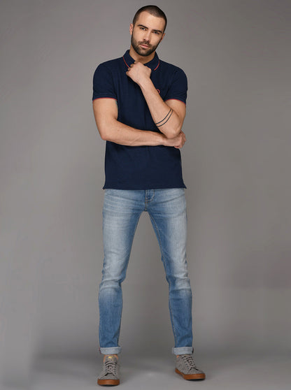 Greenfibre Denim Blue Melange Slim Fit Polo T-Shirt