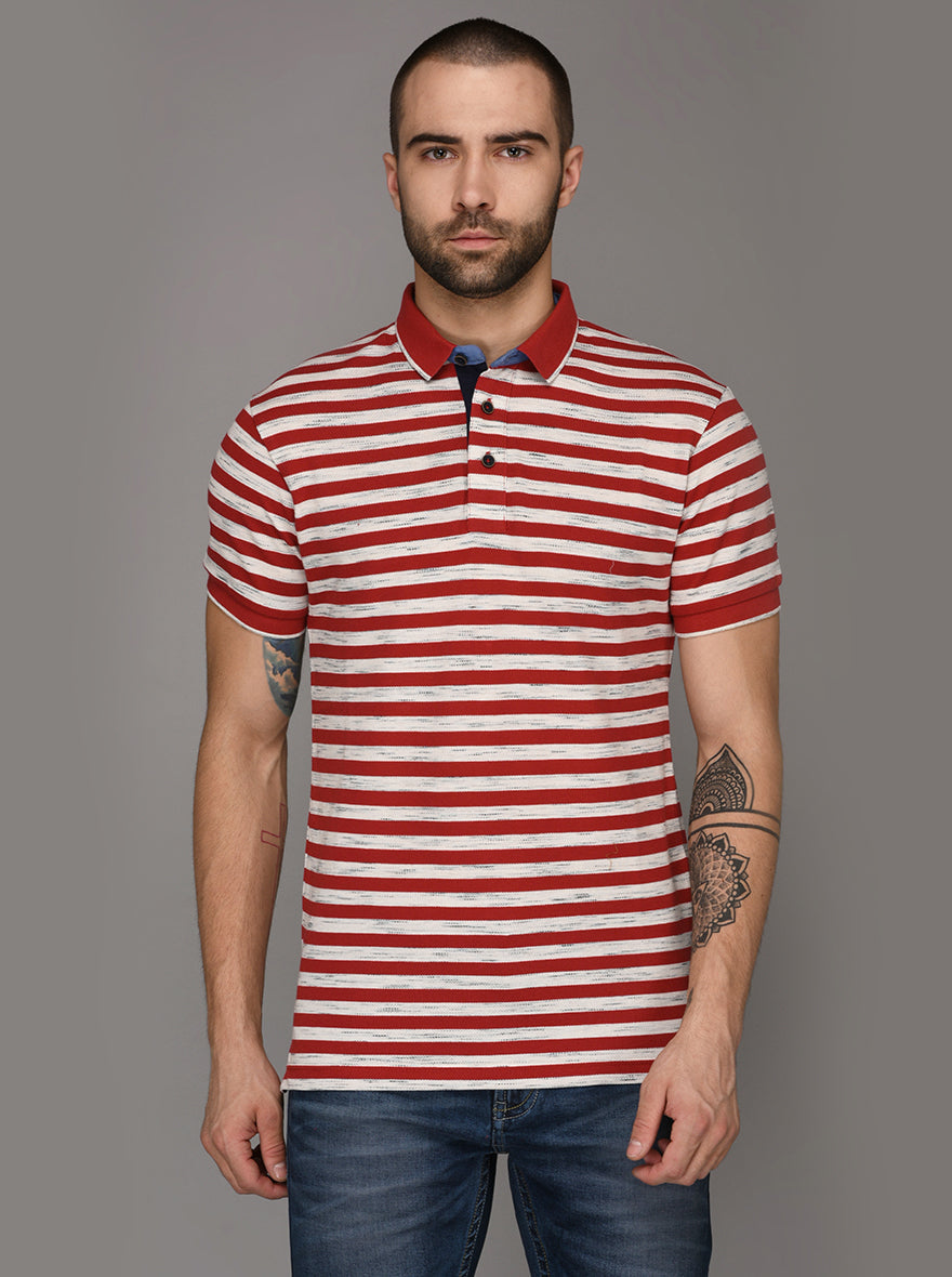 Cherry Red & Off-White Striped Slim Fit Polo T-Shirt | JB Sport