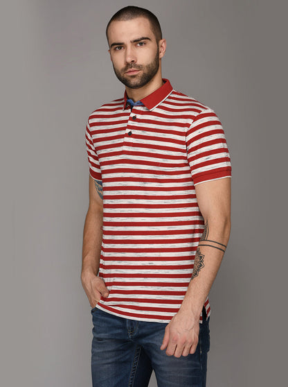 Cherry Red & Off-White Striped Slim Fit Polo T-Shirt | JB Sport